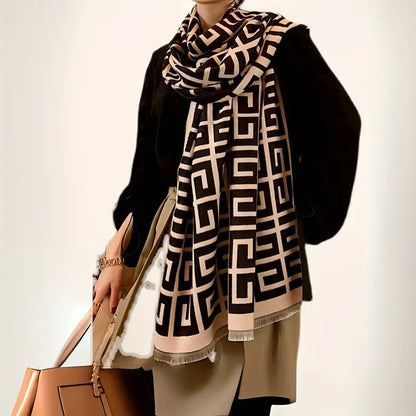 Elegant Black & White Geometric Printed Scarf – Lightweight Polyester Cape with UV Protection for Women