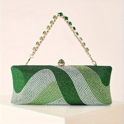Sparkling Rhinestone Petite Clutch - Evening Bag with Detachable Wrist Strap and Long Chain
