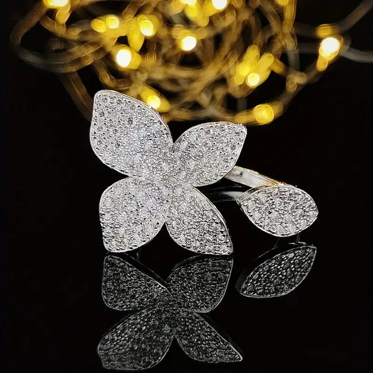 Elegant Butterfly-Inspired Open Ring with Sparkling Cubic Zirconia - Statement Jewelry for Women