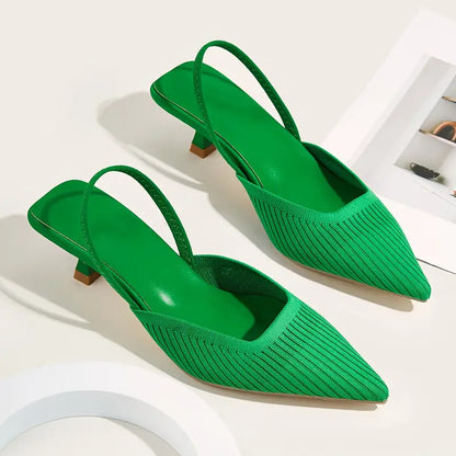 Elegant Women’s Pointed-Toe Slingback Sandals - Breathable Knit Kitten Heel Ankle Strap Shoes