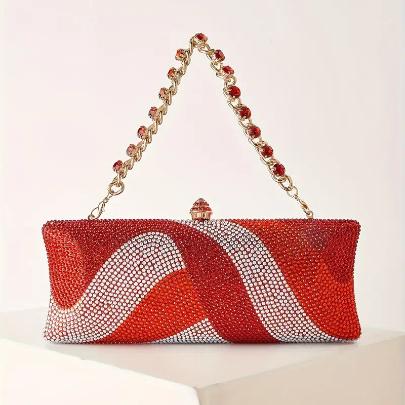Sparkling Rhinestone Petite Clutch - Evening Bag with Detachable Wrist Strap and Long Chain