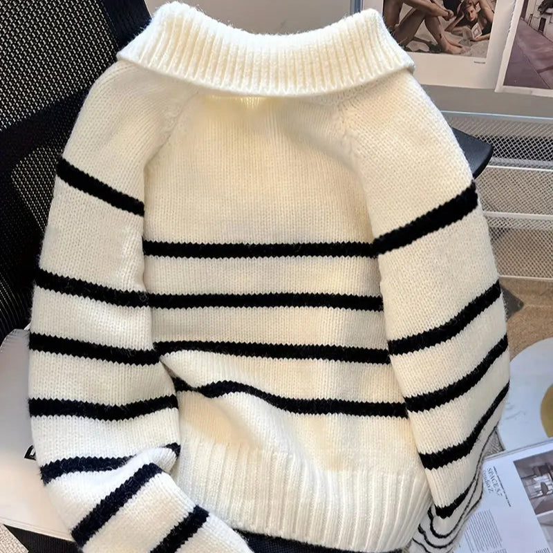 Striped Color Block Collared Sweater for Women - Thick Half-Zip Loose Soft Knit Top for Autumn Winter