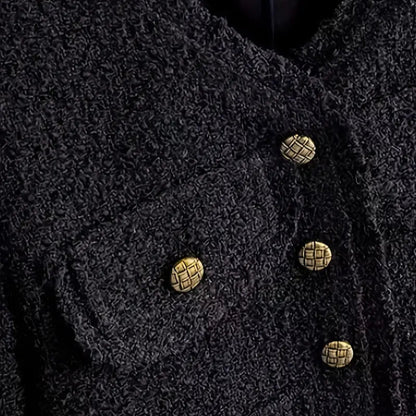 Solid Color Button Front Textured Jacket - Chic V Neck Long Sleeve Women’s Fall & Winter Coat