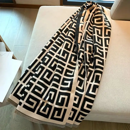 Elegant Black & White Geometric Printed Scarf – Lightweight Polyester Cape with UV Protection for Women