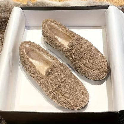 Solid Color Flat Loafers for Women - Casual Slip-On Plush Lined Winter Shoes for Comfort