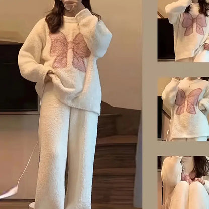 Women’s Butterfly Coral Fleece Pajama Set - Warm Long Sleeve Pullover and Pants Sleepwear