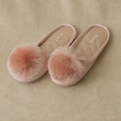 Women’s Velvet Pom-Pom Satin Slippers - Solid Color, Slip-On, All-Season Comfort, Machine Washable
