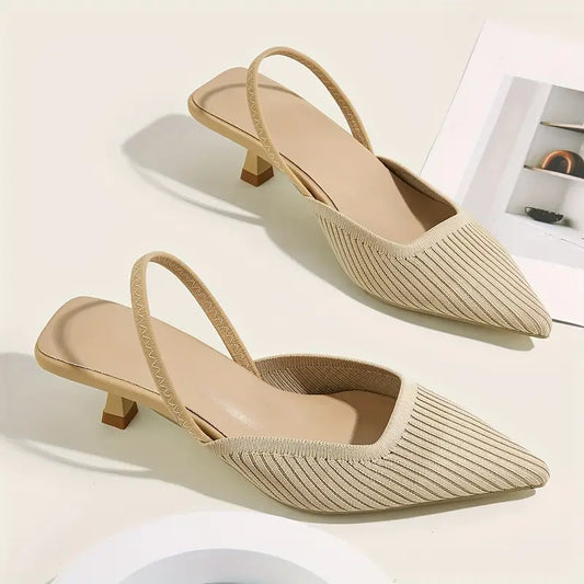Elegant Women’s Pointed-Toe Slingback Sandals - Breathable Knit Kitten Heel Ankle Strap Shoes