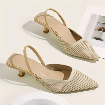 Elegant Women’s Pointed-Toe Slingback Sandals - Breathable Knit Kitten Heel Ankle Strap Shoes