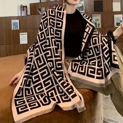 Elegant Black & White Geometric Printed Scarf – Lightweight Polyester Cape with UV Protection for Women