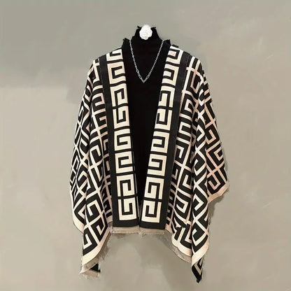 Elegant Black & White Geometric Printed Scarf – Lightweight Polyester Cape with UV Protection for Women
