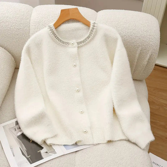 Elegant Pearl Chain Knit Cardigan for Women - Viscose Blend Crew Neck Sweater with Rhinestone Detail