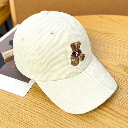 Anime Bear Embroidered Cotton Corduroy Baseball Cap for Women - Adjustable Casual Hat with Drawstring, Lightweight and Comfortable