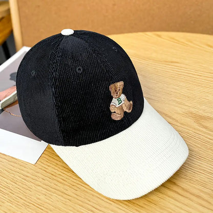 Anime Bear Embroidered Cotton Corduroy Baseball Cap for Women - Adjustable Casual Hat with Drawstring, Lightweight and Comfortable