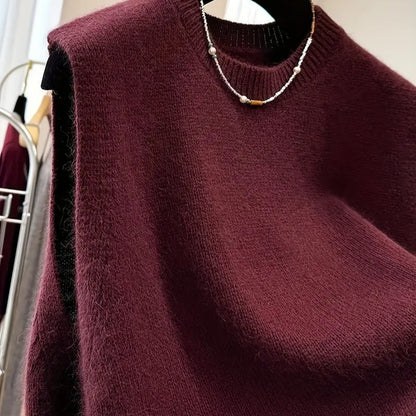 Chic Red Crew Neck Sleeveless Knit Vest - Cozy Polyester, Machine Washable for Spring & Fall