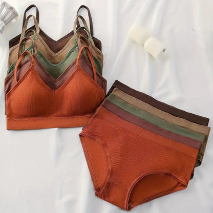 5 Sets Solid Ribbed Lingerie Set - Comfortable Women’s Cami Bra and Panties Collection