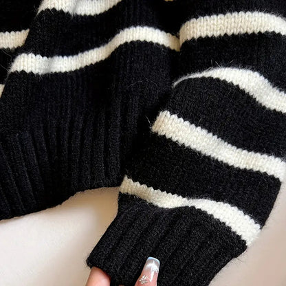 Striped Color Block Collared Sweater for Women - Thick Half-Zip Loose Soft Knit Top for Autumn Winter