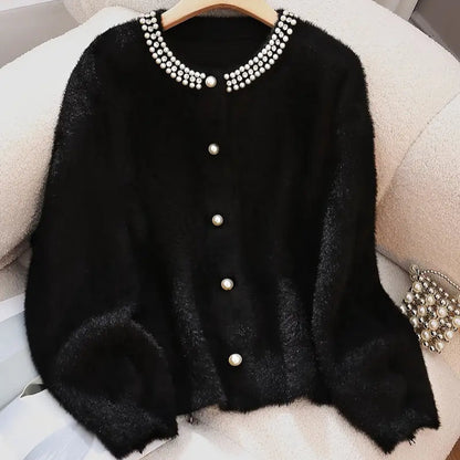 Elegant Pearl Chain Knit Cardigan for Women - Viscose Blend Crew Neck Sweater with Rhinestone Detail