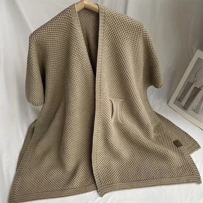 Solid Color Knitted Cross Shawl Cardigan Poncho for Autumn and Winter