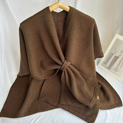 Solid Color Knitted Cross Shawl Cardigan Poncho for Autumn and Winter