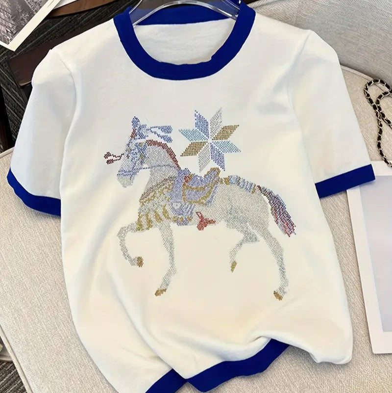 Animal Pattern Crew Neck Sweater - Casual Contrast Trim Short Sleeve Pullover for Women's Spring and Summer Clothing