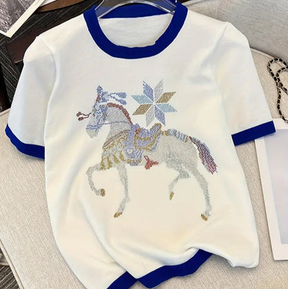 Animal Pattern Crew Neck Sweater - Casual Contrast Trim Short Sleeve Pullover for Women's Spring and Summer Clothing