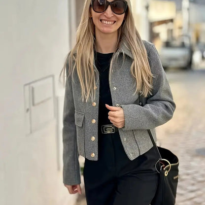 Vintage French Style Button-Up Short Jacket with Large Pockets for Women - Seasonal Outerwear