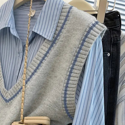 Color Block V-Neck Knit Sweater Vest for Women - Fall/Winter Fashion Casual Stretchy Vest