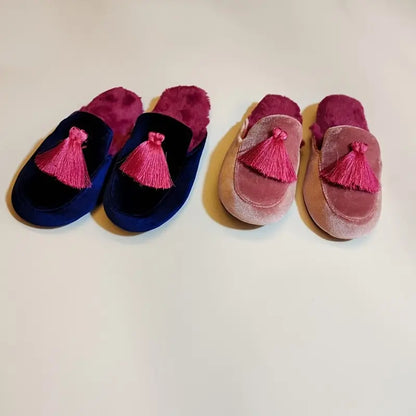 Honey Girl Princess Style Velvet House Slippers with Hand-Stitched Tassel – Cozy Winter Indoor Footwear