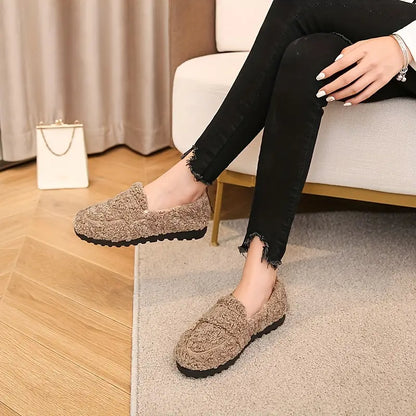 Solid Color Flat Loafers for Women - Casual Slip-On Plush Lined Winter Shoes for Comfort