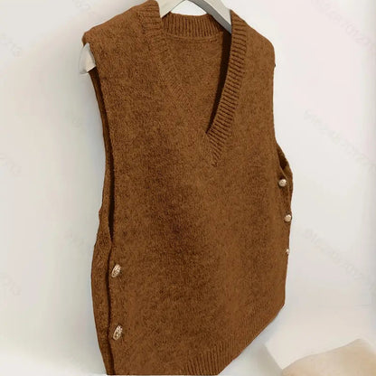 V-Neck Knitted Vest with Side Buttons – Stylish Women’s Casual Knit Top