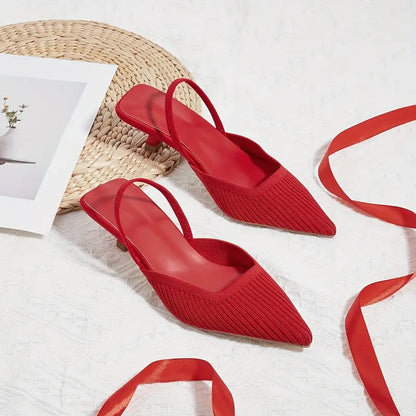 Elegant Women’s Pointed-Toe Slingback Sandals - Breathable Knit Kitten Heel Ankle Strap Shoes
