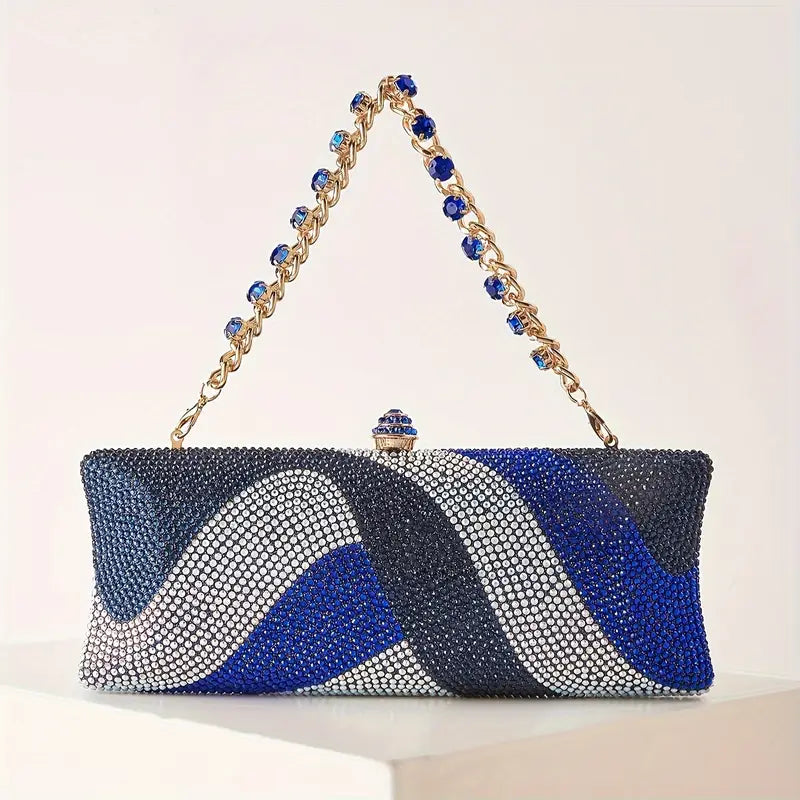 Sparkling Rhinestone Petite Clutch - Evening Bag with Detachable Wrist Strap and Long Chain