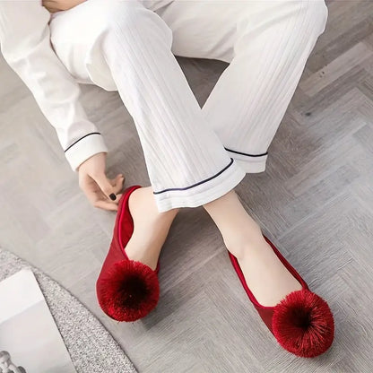 Women’s Velvet Pom-Pom Satin Slippers - Solid Color, Slip-On, All-Season Comfort, Machine Washable