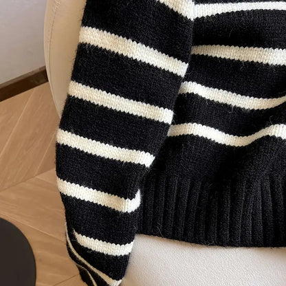 Striped Color Block Collared Sweater for Women - Thick Half-Zip Loose Soft Knit Top for Autumn Winter