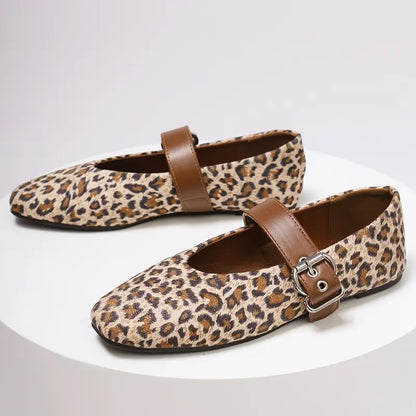 Elegant Women’s Ballet Flats - Comfortable Square Toe Slip-On Shoes with Buckle Closure