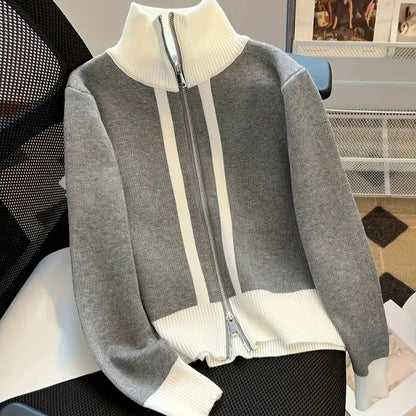 Color Block Zip-Up Knit Cardigan for Women – Stylish Turtle Neck Long Sleeve Sweater for Fall & Winter