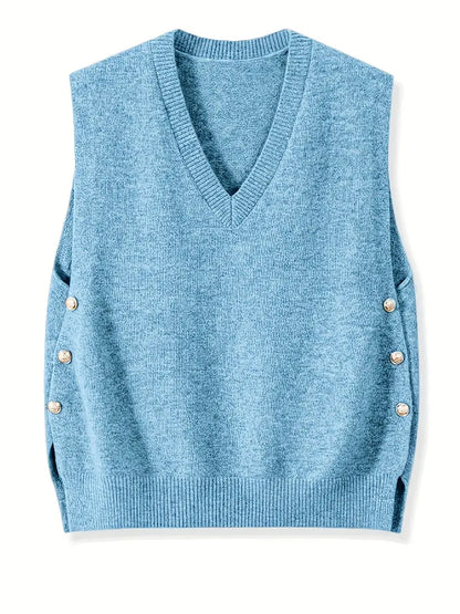 V-Neck Knitted Vest with Side Buttons – Stylish Women’s Casual Knit Top