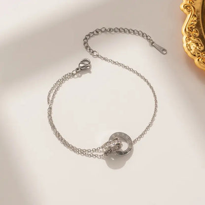 18K Golden Plated Double-Ring Snake Chain Bracelet with Rhinestone Detail – Elegant Women's Jewelry