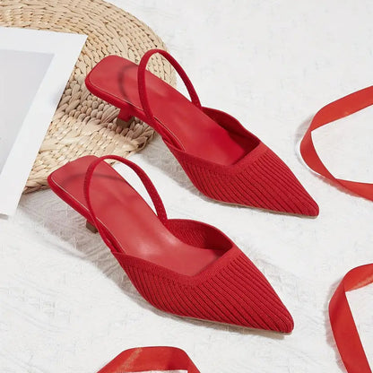 Elegant Women’s Pointed-Toe Slingback Sandals - Breathable Knit Kitten Heel Ankle Strap Shoes