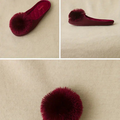 Women’s Velvet Pom-Pom Satin Slippers - Solid Color, Slip-On, All-Season Comfort, Machine Washable