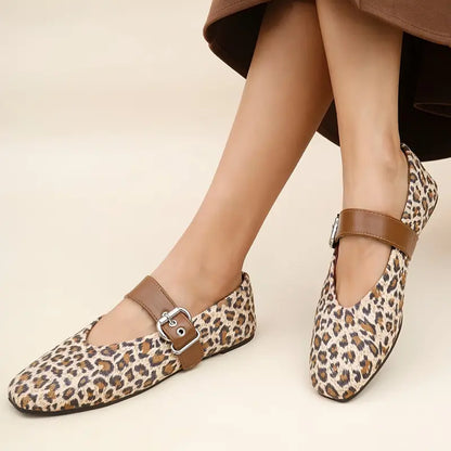 Elegant Women’s Ballet Flats - Comfortable Square Toe Slip-On Shoes with Buckle Closure