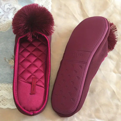 Women’s Velvet Pom-Pom Satin Slippers - Solid Color, Slip-On, All-Season Comfort, Machine Washable