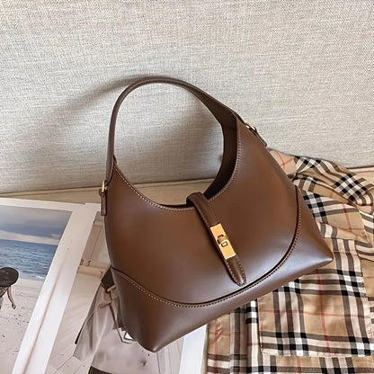 Women’s Faux Leather Shoulder Bag - Retro Style Elegant Handbag with Golden Accents and Zip Closure