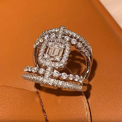 Vintage Inlaid Square Zirconia Ring - Sparkling Double-Sided Hollow Wide Ring for Ladies