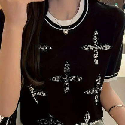 Beaded Rhinestone Crew Neck Knitted Top – Elegant Spring Summer Women’s Sweater