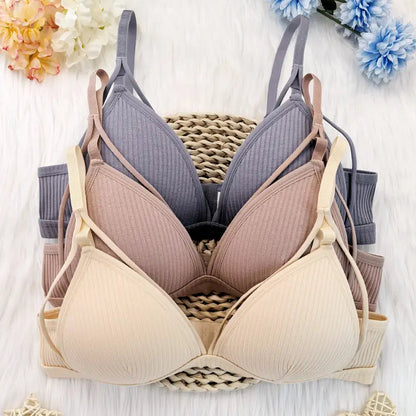 3pcs Ribbed Wireless Push-Up Bra Set - Sexy and Comfy Chest Strap Lingerie for Women