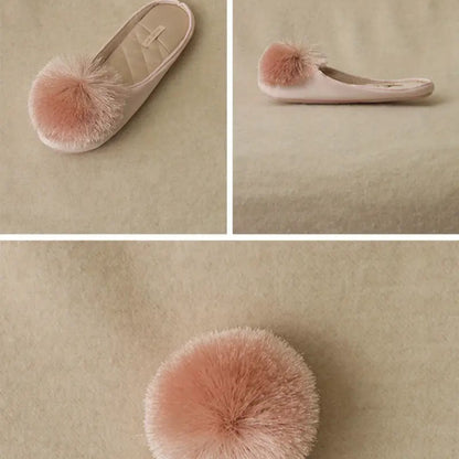 Women’s Velvet Pom-Pom Satin Slippers - Solid Color, Slip-On, All-Season Comfort, Machine Washable