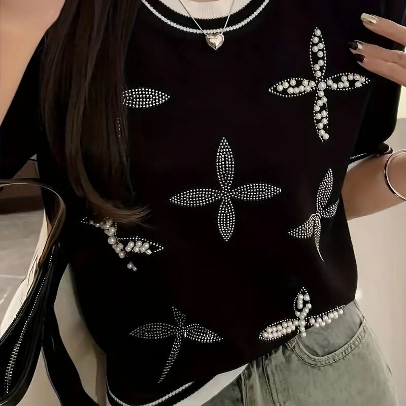 Beaded Rhinestone Crew Neck Knitted Top – Elegant Spring Summer Women’s Sweater