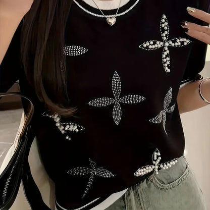 Beaded Rhinestone Crew Neck Knitted Top – Elegant Spring Summer Women’s Sweater